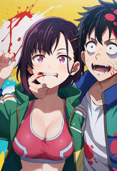 selfie, 1girl, 1boy, neck biting, biting, zombie, blood splatter, paint splatter, night, dark, BREAK
tendouakira, white shirt, green jacket, open jacket, and
mikazukishizuka, hooded jacket, open jacket, pink sports bra, BREAK
<lora:zom100_ponyxl_v4:1>, score_9, score_8_up, score_7_up, score_6_up, anime