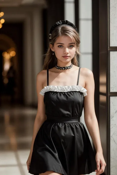 4nn4t4tu as a sexy TikTok influencer, (((walking in a fancy luxury hotel))), modelshoot style, (extremely detailed CG unity 8k wallpaper), photo of the most beautiful artwork in the world, professional majestic (photography by Steve McCurry), 8k uhd, dslr, soft lighting, high quality, (film_grain:1.2), (bokeh, blurry foreground, blurry background), Fujifilm XT3 sharp focus, f 5.6, High Detail, Sharp focus, dramatic, (((wearing black french_maid_dress))), (looking at viewer:1.2), (detailed pupils:1.3), (natural light), (((medium-long shot:1.5))), epiCPhoto