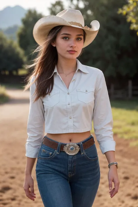 4nn4t4tu as a sexy TikTok influencer, (((walking at a ranch))), modelshoot style, (extremely detailed CG unity 8k wallpaper), photo of the most beautiful artwork in the world, professional majestic (photography by Steve McCurry), 8k uhd, dslr, soft lighting, high quality, (film_grain:1.2), (bokeh, blurry foreground, blurry background), Fujifilm XT3 sharp focus, f 5.6, High Detail, Sharp focus, dramatic, (looking at viewer:1.2), (((wearing cropped cowgirl clothing))), (detailed pupils:1.3), (natural light), (((medium-long shot:1.3))), epiCPhoto