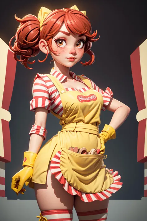 ((best quality, masterpiece)),
girl RonaldChan, freckles, (yellow gloves, red and white striped thighhighs, (red and white apron), red and white striped sleeves), bare shoulders, short twintails red hair, makeup, (cameltoe), market background ,
<lora:3DMM_V7:1>, <lora:more_details:0.5>,<lora:McDonaldChan_characeter:0.35>
