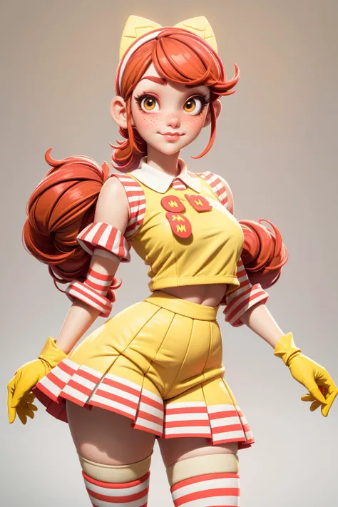 ((best quality, masterpiece)),
girl RonaldChan, cute pose, freckles, (yellow gloves, red and white striped thighhighs, red and white skirt, red and white striped sleeves), bare shoulders, short twintails red hair, makeup, freckles, cameltoe, background detailed shopping,
<lora:3DMM_V7:1>, <lora:more_details:0.5>,<lora:McDonaldChan_characeter:0.35>