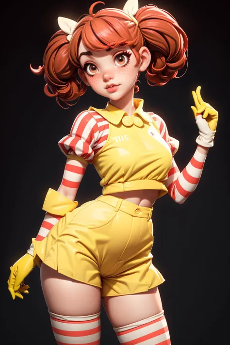 ((best quality, masterpiece)),
girl RonaldChan, cute pose, freckles, (yellow gloves, red and white striped thighhighs, red and white high waist short shorts, red and white striped sleeves), bare shoulders, short twintails red hair, makeup, cameltoe, simple black background,
<lora:3DMM_V7:1>, <lora:more_details:0.5>,<lora:McDonaldChan_characeter:0.35>
