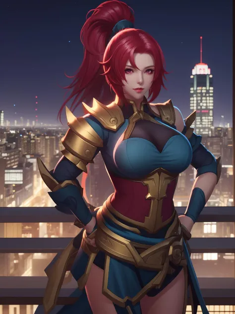 WZRYhuamulanYP, 1girl, solo, breasts, ponytail, red hair, long hair, red eyes, large breasts, cleavage, armor, detached sleeves, belt,hair ornament,dress, <lora:WZRYhuamulanYP:0.75>,cityscape, night,looking at viewer, mature female,hand on hip,