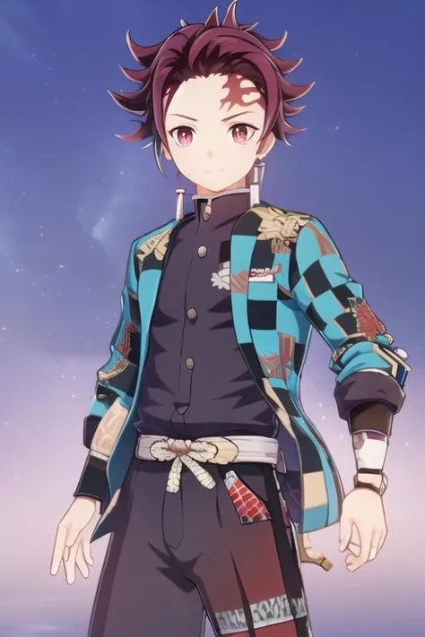 masterpiece, best quality, 3d, 1boy, solo, Tanjiro, OriginalOutfit, Katana, scar on forehead, haori, checkered, sky, cowboy shot