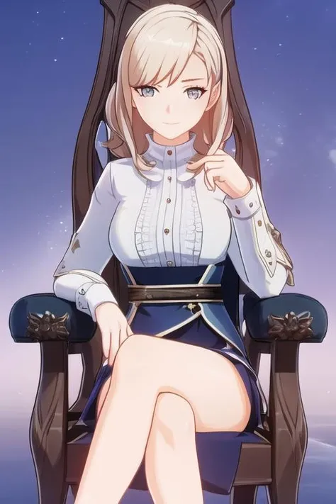 masterpiece, best quality, 3d, 1girl, solo, mature female, sitting, on chair, crossed legs, sky