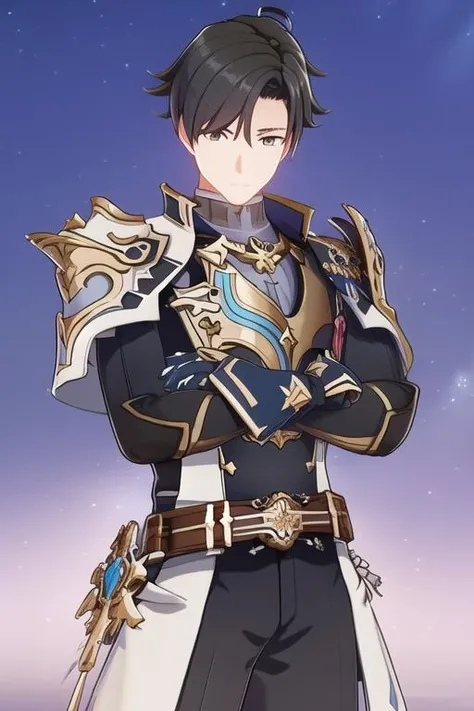 masterpiece, best quality, 3d, 1boy, solo, mature male, armor, crossed arms, sky, cowboy shot