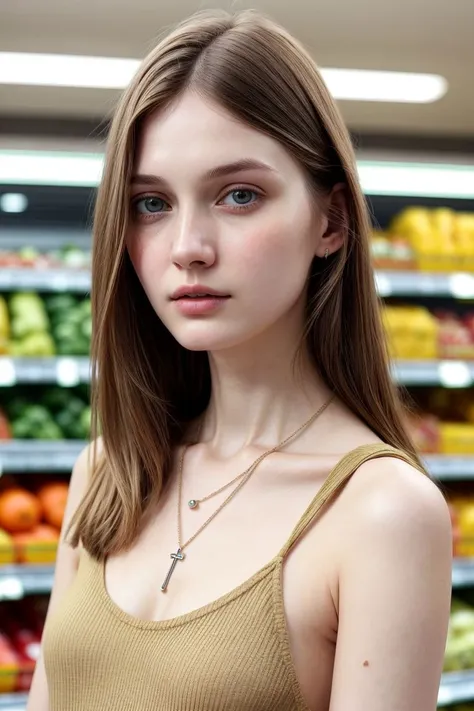 European woman, closeup, (shirt), pants, (convenience store), cross necklace , ZM_madison, wide shoulders, perfect face, (contact iris: 1.1), pale skin, skin pores , depth of field