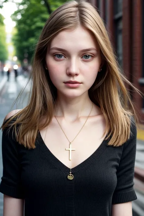 European woman, closeup, (shirt), pants, (golden gate bridge), cross necklace , ZM_joanna, wide shoulders, perfect face, (contact iris: 1.1), pale skin, skin pores , depth of field