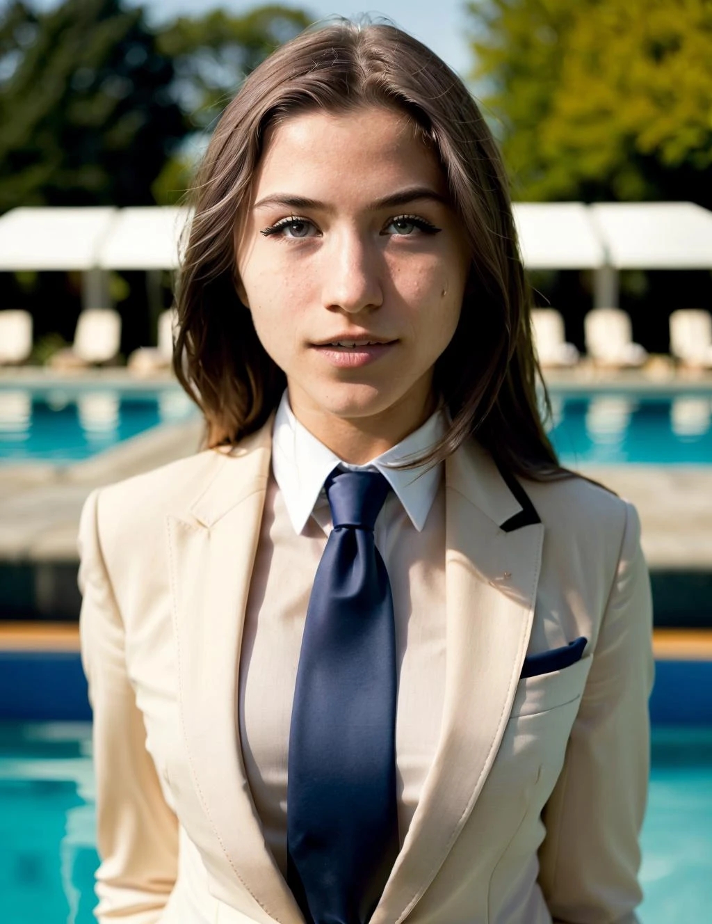 Photography, young woman (with eyeliner) ((wearing a corporate suit and a tie)) standing in the pool during a sunny day, closed mouth, blue sky, beautiful, pretty, lifelike skin texture, skin pores, natural light, well lit, best quality, high res, detailed <lora:CherrieLorraine_22:1>