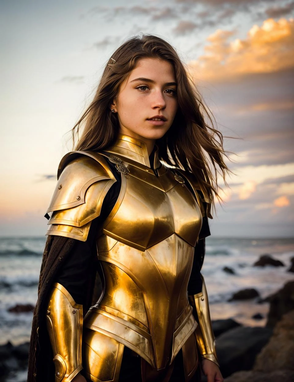 Photography, 25yo young angelic woman warrior, at dusk, looking at the horizon, wearing a golden full body armor, beautiful, pretty, lifelike skin texture, skin pores, epic, fantasy, cimatic lighting, warm colors, best quality, high res, detailed <lora:CherrieLorraine_22:1>