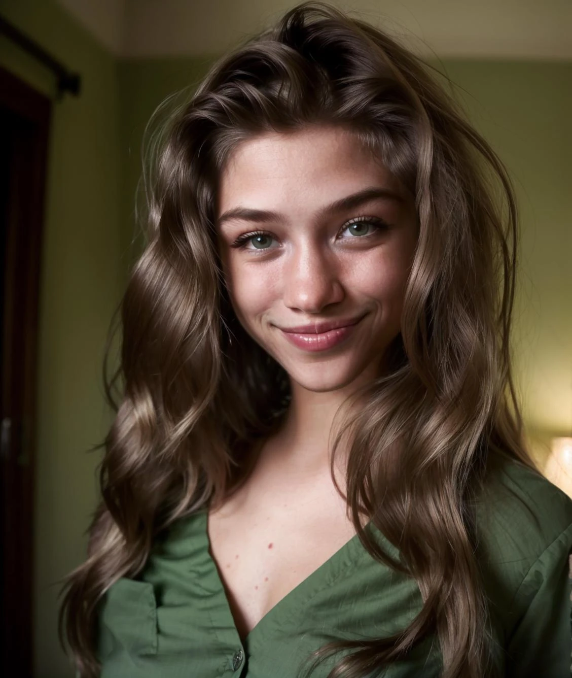Photography, close up, young woman with long hair looking at viewer, at night, with a wide smile, wearing a green shirt, conforting, caring, beautiful, pretty, in a dark bedroom, lifelike skin texture, skin pores, natural light, warm colors, best quality, high res, detailed <lora:CherrieLorraine_29:1>
