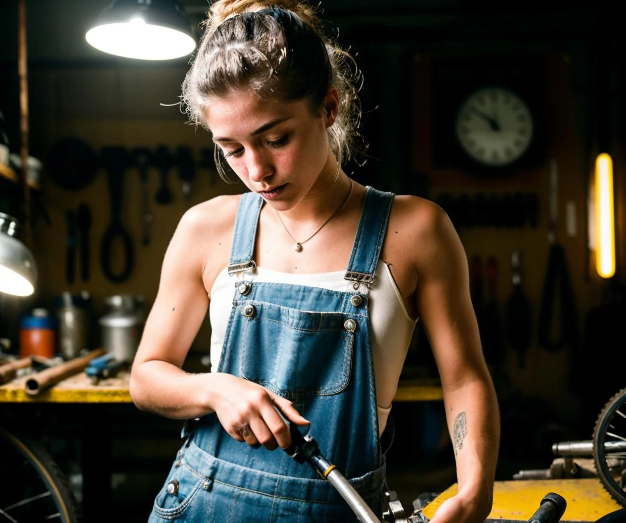 Photography of a 26yo woman worker repairing a bicycle in a workshop, focused on her work, work overalls, pretty, beautiful, neon light, detailed skin, skin pores, cinematic, photorealistic, best quality, high res, high contrast, very detailed  <lora:CherrieLorraine_29:1>