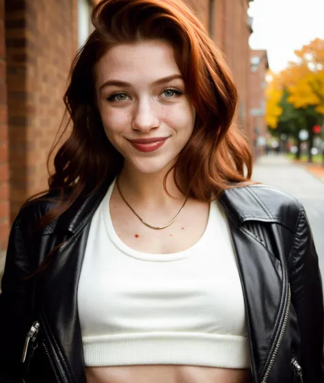 Photography, half body shot of a 24yo woman wearing a goth leather jacket and a shirt, red hair, smile, outdoors, urban, joy, beautiful, pretty, sunny day, detailed skin, skin pores, natural light, photorealistic, best quality, high res, high contrast, very detailed  <lora:CherrieLorraine_29:1>