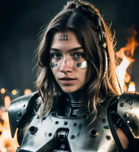 Photography, half body shot of a 21yo girl wearing a robotic metal armor, cyberpunk battlefield, long dark hair, serious look on face, determination, war paint, fire, beautiful, epic, detailed skin, skin pores, photorealistic, best quality, high res, very detailed <lora:CherrieLorraine_29:1>