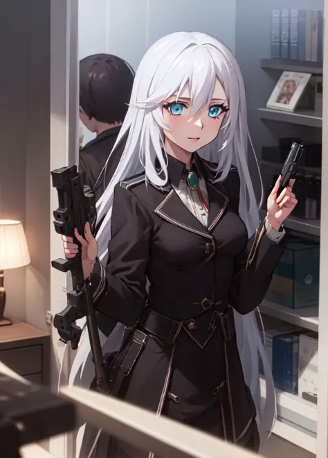 {{masterpiece}}, best quality, {1girl}, long hair, straight hair, <lora:lafolia V2.0-000025:1>, facing viewer, holding gun,