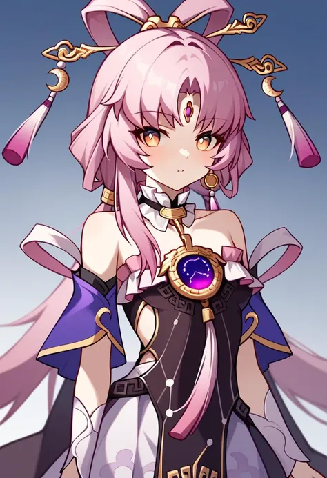 score_9,score_8_up,score_7_up,<lora:star_rail_all:1>,1girl, solo, blush, long_hair, pink_hair, small_breasts, collarbone, tassel, highres, bare_shoulders, black_dress, brown_eyes, detached_collar, detached_sleeves, forehead_jewel, frilled_dress, fu_xuan_\(honkai:_star_rail\), hair_rings, hair_stick, looking_at_viewer, low_twintails, neck_ring, parted_bangs, parted_lips, pendant, strapless_dress, white_skirt