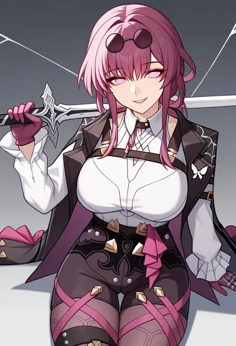 score_9,score_8_up,score_7_up,<lora:star_rail_all:1>,1girl, solo, holding_sword, smile, long_hair, purple_hair, large_breasts, sunglasses, absurdres, highres, black_jacket, butterfly_ornament, chest_harness, chinese_commentary, collared_shirt, covered_navel, eyewear_on_head, hair_between_eyes, high-waist_shorts, kafka_\(honkai:_star_rail\), long_sleeves, looking_at_viewer, pantyhose_under_shorts, pince-nez, purple-tinted_eyewear, purple_eyes, purple_gloves, purple_pantyhose, round_eyewear, spider_web_print, thigh_boots, white_shirt