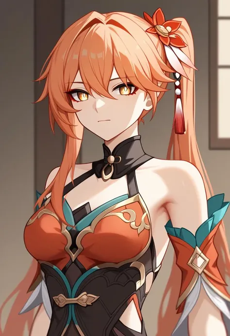 score_9,score_8_up,score_7_up,<lora:star_rail_all:1>,1girl, 1other, upper_body, orange_hair, medium_breasts, absurdres, highres, armpit_peek, bare_shoulders, black_gloves, chinese_clothes, clothing_cutout, commentary, detached_sleeves, diting_\(honkai:_star_rail\), guinaifen_\(honkai:_star_rail\), hair_flower, partially_fingerless_gloves, red_dress, short_sleeves, yellow_eyes