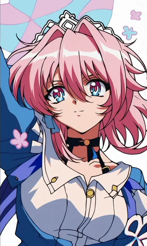 (score_9,score_8_up,score_7_up),source_anime,1990s anime,,1girl, march_7th_\(honkai:_star_rail\), pink_hair, blue_eyes, white_shirt, medium_hair, long_sleeves, pink_eyes, two-tone_eyes, blue_jacket, black_choker, medium_breasts, hair_between_eyes, blue_skirt<lora:star_rail_all_v2:0.9>