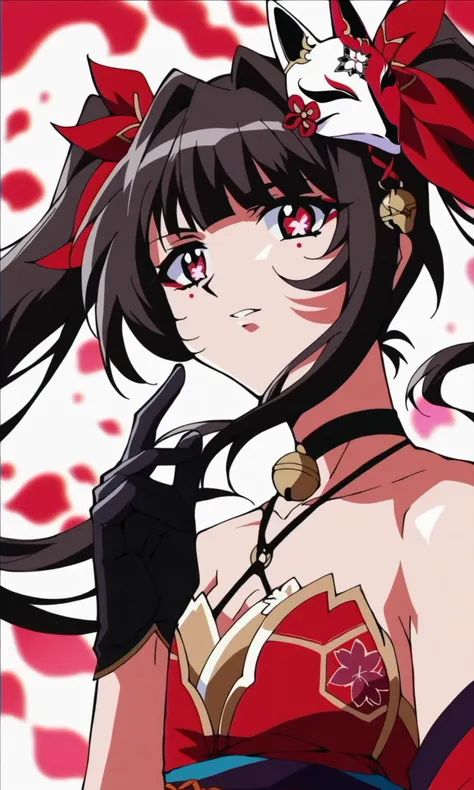 (score_9,score_8_up,score_7_up),source_anime,1990s anime,,1girl,sparkle_\(honkai:_star_rail\),twintails,fox_mask,bare_shoulders,mask_on_head,black_choker,pink_eyes,red_dress,detached_sleeves,neck_bell,black_hair,black_gloves,brown_hair,very_long_hair,<lora:star_rail_all_v2:0.8>