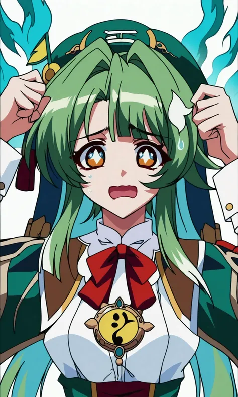 (score_9,score_8_up,score_7_up),source_anime,1990s anime,,1girl,solo,neck_ribbon,>_<,facing_viewer,red_ribbon,highres,sweatdrop,beret,hands_on_own_head,sidelocks,hair_intakes,long_sleeves,huohuo_\(honkai:_star_rail\),chibi_only,hitodama,sleeve_cuffs,green_hat,white_shirt,upper_body,open_mouth,wavy_mouth,<lora:star_rail_all_v2:0.9>