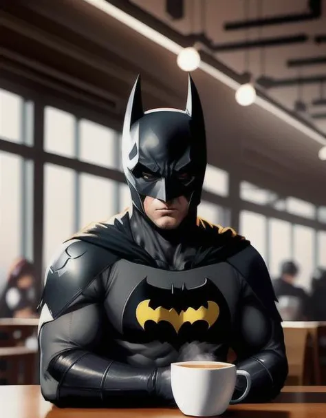 <lora:ppdalns:1> cute batman in a coffee shop, digital art, trending artstation