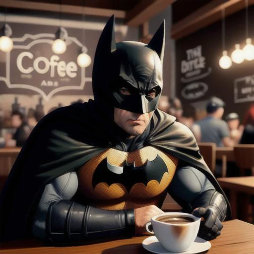<lora:ppdalns:1> cute batman in a coffee shop, digital art, trending artstation