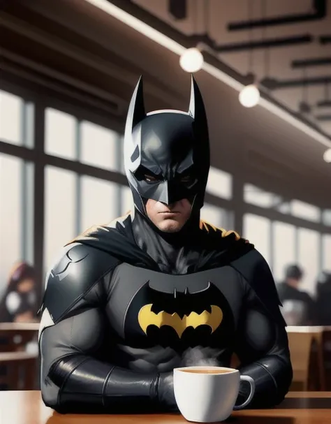 <lora:ppdalns:1> cute batman in a coffee shop, digital art, trending artstation