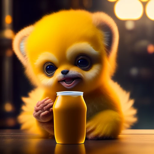 <lora:ppdalns:1> realistic portrait of adorable yellow creature fluffy pdalns drinking soda, seamless, epic, cinematic, intricate detail, award winning, great lighting, shading, high quality, detailed