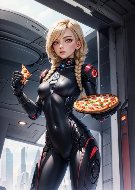 official art, unity 8k wallpaper, ultra detailed, beautiful and aesthetic, beautiful, masterpiece, best quality, (zentangle, mandala, tangle, entangle), 1girl, woman, blonde hair absurdly long hair french braid, red eyes, skin tight white bodysuit, small breasts, chrome robotic parts, luxurious cyberpunk, robot, clean luxury spacecraft, science fiction, stasis pod, (holding pizza)