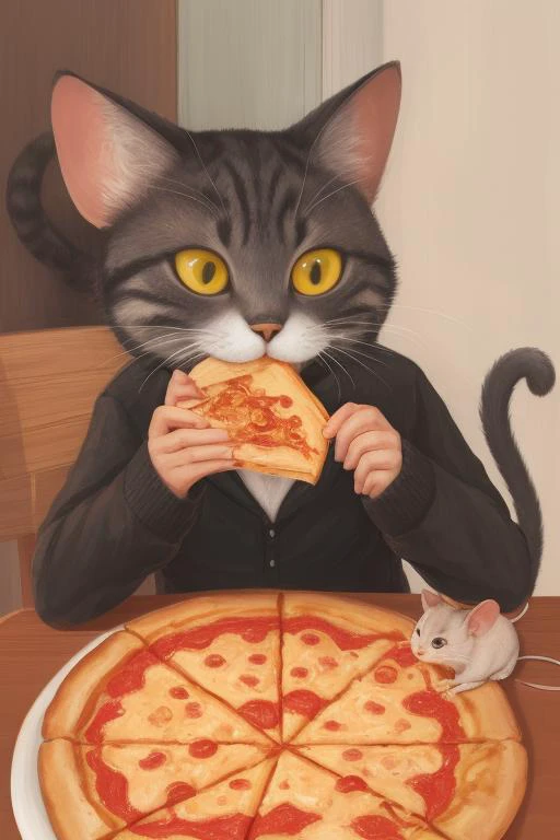 a cat eating a slice of pizza with a mouse