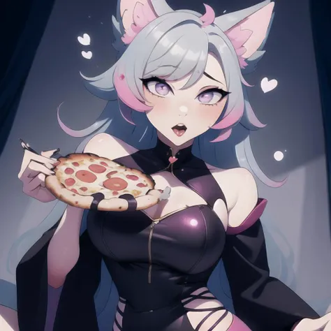 masterpiece, best quality, angel dust, <lora:HB_angel_dust_r3e10:0.8>, Beautiful Art Style, 1girl, young woman, grey sleeves, boring, fire, holding_pizza, pixel-Silvervale, <lora:silvervaleVtuberLora_v10:0.8>, <lora:strongFemaleOrgasmTrembeling:0.8>