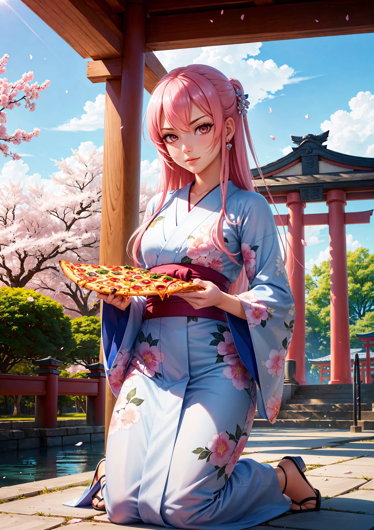 official art, unity 8k wallpaper, ultra detailed, beautiful and aesthetic, beautiful, masterpiece, best quality, (1girl, pink hair long hair nihongami, silver eyes, shiny skin, evil determined, (kneeling on pizza:1.3)) (portrait) (japanese garden background, cherry trees, torii gate, fountain, blue sky, clouds, petals leaves, kimono)