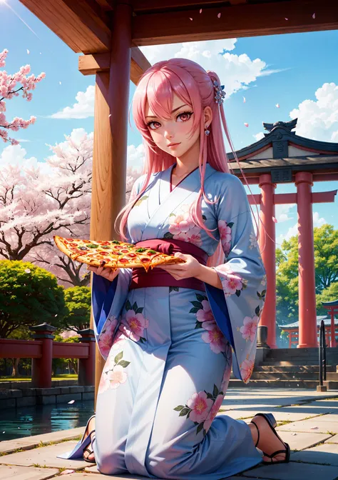 official art, unity 8k wallpaper, ultra detailed, beautiful and aesthetic, beautiful, masterpiece, best quality, (1girl, pink hair long hair nihongami, silver eyes, shiny skin, evil determined, (kneeling on pizza:1.3)) (portrait) (japanese garden background, cherry trees, torii gate, fountain, blue sky, clouds, petals leaves, kimono)