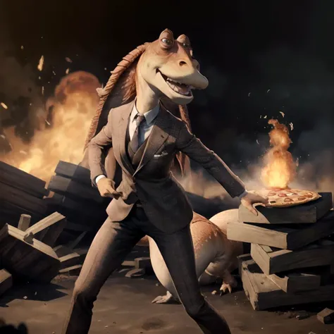 masterpiece, best quality, jar jar binks, explosion, pizza, Explosion Artstyle, 1girl, young woman, tweed suit, jealous, gothic, standing,   Explosion Artstyle,  <lora:Blow It Up - (Trigger words are Explosion Artstyle) :1> <lora:jarJarBinksGunganStar_v3:0.6>