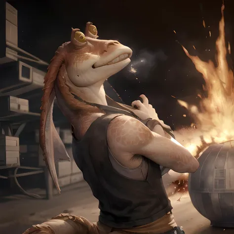 masterpiece, best quality, jar jar binks, explosion, death star, Explosion Artstyle, 1girl, young woman, hand on eyewear, impeccable, factory, leaning back, Explosion Artstyle, <lora:Blow It Up - (Trigger words are Explosion Artstyle) :1> <lora:jarJarBinksGunganStar_v3:0.6>