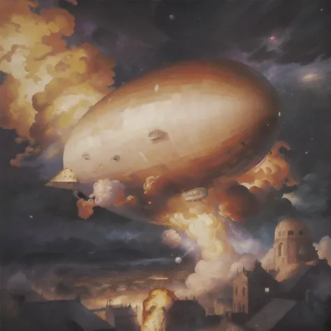 masterpiece, best quality, airship, Beautiful Art Style, baroque, space, pizza, <lora:lz129:1> Explosion Artstyle, <lora:Blow It Up - (Trigger words are Explosion Artstyle) :1>
