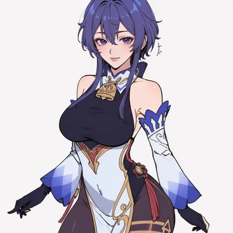 long hair, mole under mouth, purple hair, single braid, hair between eyes, aqua eyes, sharp teeth, ahoge, blush, smile, cowboy shot, 1girl, solo,huge breasts, cleavage, heart-shaped pupils, spoken heart, outfit-kokomi, white shorts, white thighhighs, detached sleeves, frills, bow, navel