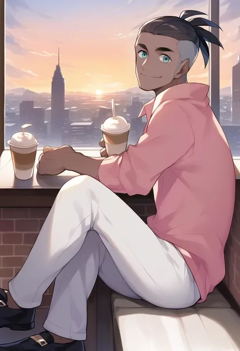 score_9, score_8_up, source_anime, Raihan_hair, solo, 1boy, male focus, <lora:raihanXL:1>, dark-skinned male,  detailed background, pink shirt, white pants, black shoes, sitting, cafe, sunset, city outside the window, smile, looking at viewer, proportional