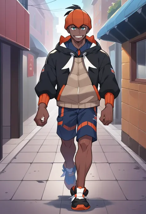 score_9, score_8_up, source_anime, solo, 1boy, male focus, <lora:raihanXL:1>, dark-skinned male,  detailed background, raihan_hat, hoodie, shorts, shoes, walking down the high street, grin, looking at viewer,