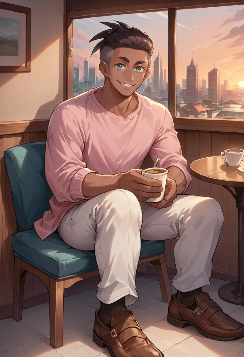 score_9, score_8_up, source_anime, Raihan_hair, solo, 1boy, male focus, <lora:raihanXL:1>, dark-skinned male, detailed background, pink shirt, white pants, brown shoes, sitting, cafe, sunset, city outside the window, smile, looking at viewer, proportional