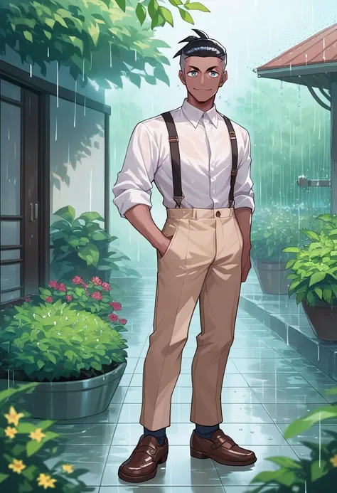 score_9, score_8_up, source_anime, Raihan_hair, solo, 1boy, male focus, looking at viewer, <lora:raihanXL:1>, detailed background, white shirt, collared shirt, standing, garden, smile, rain, beige pants, brown shoes,