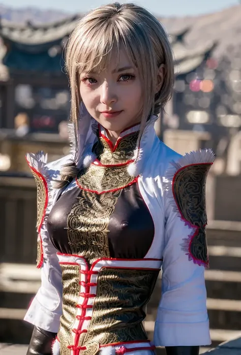 (lulingqi:0.9),realistic, 8K, (photorealistic:1.4), beautiful eyes, best quality, ultra-detailed, 1girl, photon mapping, physically-based rendering, (((looking at camera))), realistic, solo, day, glowing skin, <lora:lulingqi:1.2>, <lora:CHDoll:0.2>, (((bokeh background))), (gravure pose), silver hair, extreme close up, smile, grin, peace sign, double v,