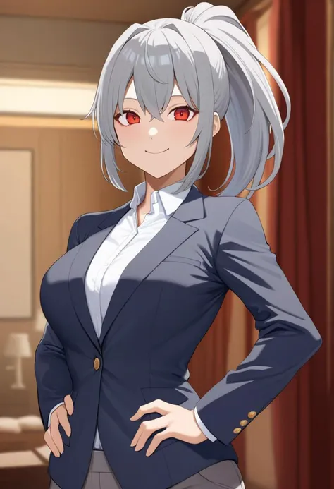 masterpiece, best quality, 1girl,red eyes,smile, room, ponytail,grey hair, portrait, best quality,hand on hip, blazer, by chomikuplus  <lora:Chomikuplus-Style-AniXL:1>