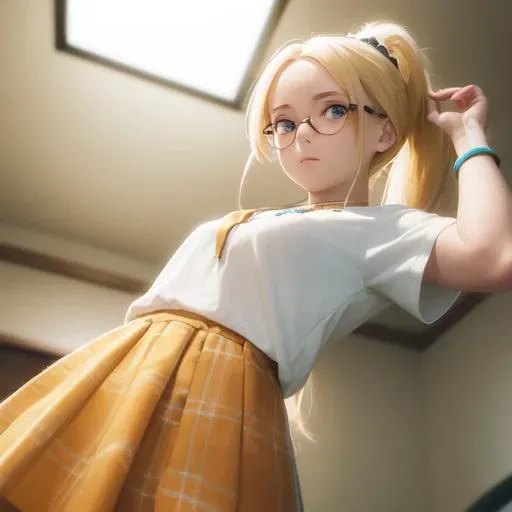 1girl,
Amber yellow hair, light turquoise eyes,
Lensless Glasses , Wipe forehead , Ralph Necklace ,
Short Sleeve , Scottish skirt , Wristbands ,
Classic hourglass, Half-up Ponytail, Ponytail,
from below,
on side ,