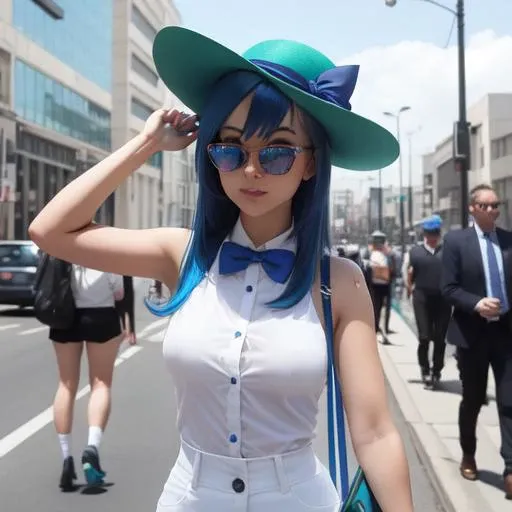 1girl,

Dodger blue hair, Kelly green eyes,

Sunglasses , Gift Hat Hair Band , Bow ties,
Classic hourglass, shouten pegasus mix mori, Feathered cut,
Journalist,

perspective,
character-posture-Stadic,