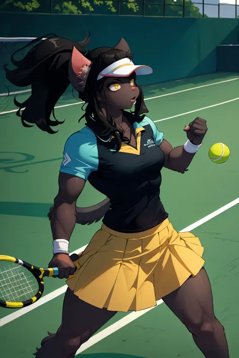 (masterpiece, best quality), outdoors, 1girl, solo, RachaelSaleigh, yellow eyes, furry, cat girl, colored skin, medium breasts, long hair, <lora:RachaelSaleigh_V1-Manityro-Dadapt:1.0>, tail, toned, tennis court, fighting stance, visor cap, tennis uniform, skirt, holding, tennis racket, tennis ball