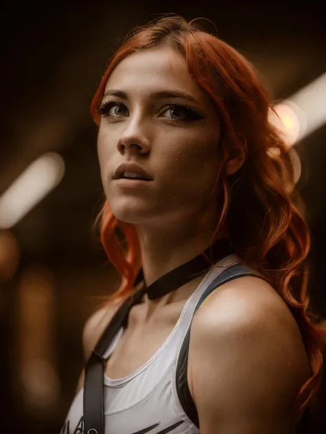 Fine art photography, image of completely filled (foggy),(dynamic camera), a cyborg girl(with freckles, fiery orange-hair(messy hair), humanoid girl), amidst a futuristic abandoned city. determination and mystery face expression. 

As asymmetric pose(she holding a plastic bag, backpack), (tight, large cleavage, higlegs-cut, backless, cutouts in chest area, very plunged thong)space uniform, tigh-highs, combat boots. in sheer hosiery.

((A shroud of MIST SURROUNDS THE futuristic abandoned-setting(Intricate detailed of background, intricate city, intricate technology, abstract background, background rich in details))). Sad atmosphere, oppressive atmosphere, Posing in elegant form(with one hand delicately taking the backpack, while the other rests on her hip)-adding a sense of movement and life to the scene. Desaturated-colors, and a slight vignette, enhancing the fine-art aesthetic. The image features a faded film quality, grainy textures, (((Oil painting in a pink/black /Navy Blue-monochrome theme, with accents in Yellow colors))). ((CLOSE UP SHOT, WITH BOLD PINK LIPS))