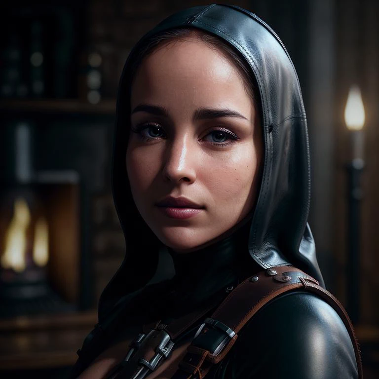 photorealistic, realistic, solo, photorealistic, best quality, high resolution, photo of a nervous512 young woman, (dark Brown eyes:1.2), medium shot, (face focus:1.1),chubby cheeks, ((wearing a warrior nun outfit)), ((leather bodysuit:1.2)), (Leather harness:1.2), <lora:Albapt2:0.65> , black hair,  short hair, pale skin, ((large breasts:1.1)), ((slim body)), cute freckles,  detailed skin texture, glistening skin, sub surface scattering, rim lighting, sharp focus, bokeh, night scene, fire, foggy atmosphere,   <lora:epiNoiseoffset_v1:0.2>