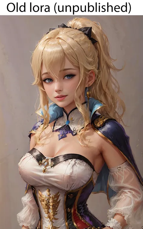 masterpiece, best quality, shenhe \(genshin impact\), <lora:Albapt:0.7> masterpiece, best quality, jean \(genshin impact\), 1girl, breasts, solo, cleavage, strapless, smile, ponytail, bangs, jewelry, earrings, bow, capelet, signature, sidelocks, cape, corset, shiny, blonde hair, long hair, upper body, detached sleeves, purple eyes, hair between eyes, hair bow, parted lips, looking to the side, large breasts, detached collar, medium breasts, blue capelet, white background, black bow, blue eyes, bare shoulders, simple background <lora:Jean_Medium:0.8>
